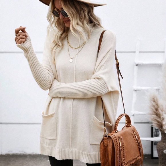 . Sweaters - Apricot Casual Womens Dual Pocket Batwing Sleeve Mock Neck Sweater